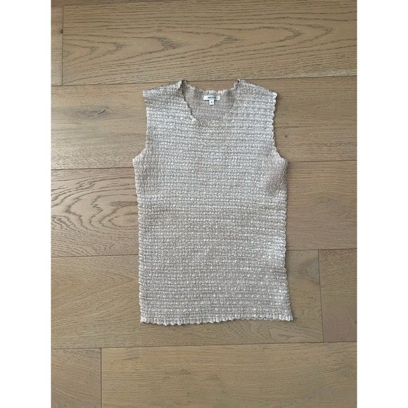 1990's crinkled pleated plisse beige cream polyester sleeveless crew neck top - Picture 5 of 8